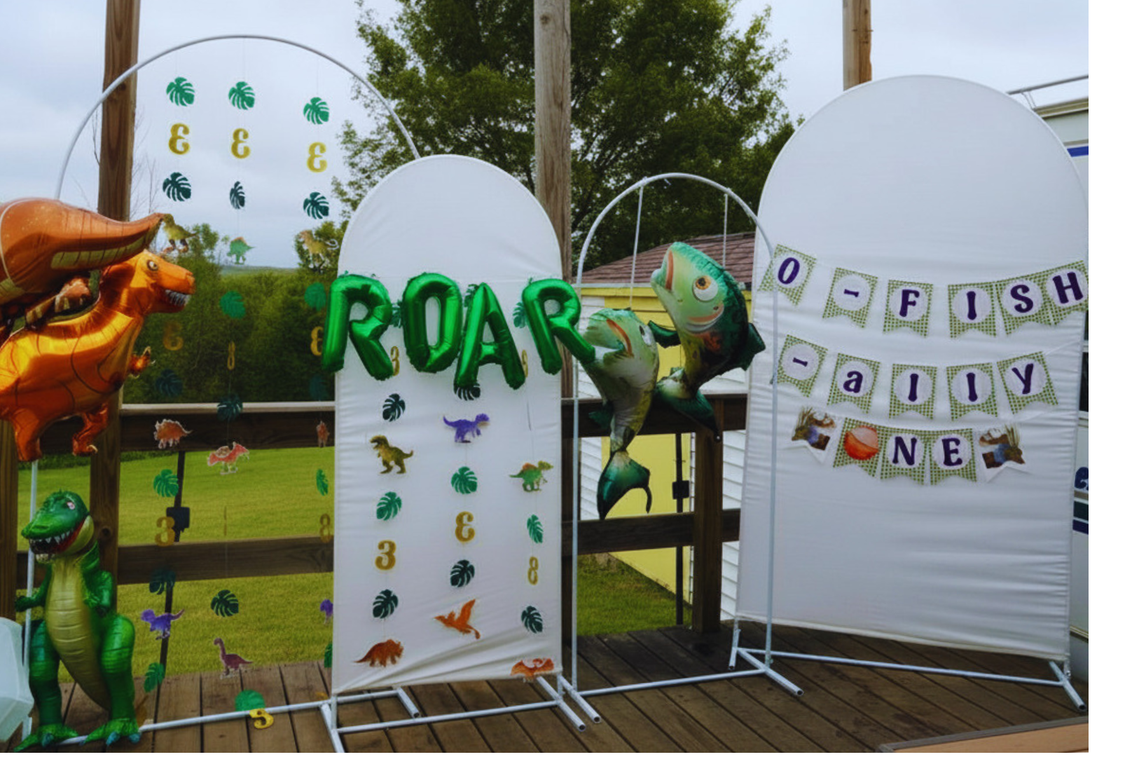 Kid's birthday party with dinosaur and fishing themes